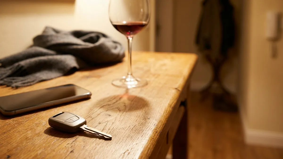 A set of car keys on a dinner table beside an empty wine glass, with a phone showing a rideshare app open in the background, suggesting the no-driving rule after drinking