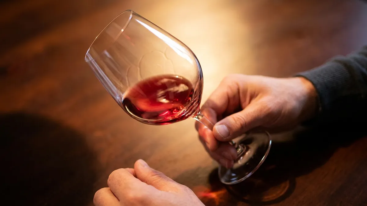 A single glass of red wine being thoughtfully held to the light over a wooden table with a small tasting notebook open beside it, suggesting a slow, attentive tasting moment