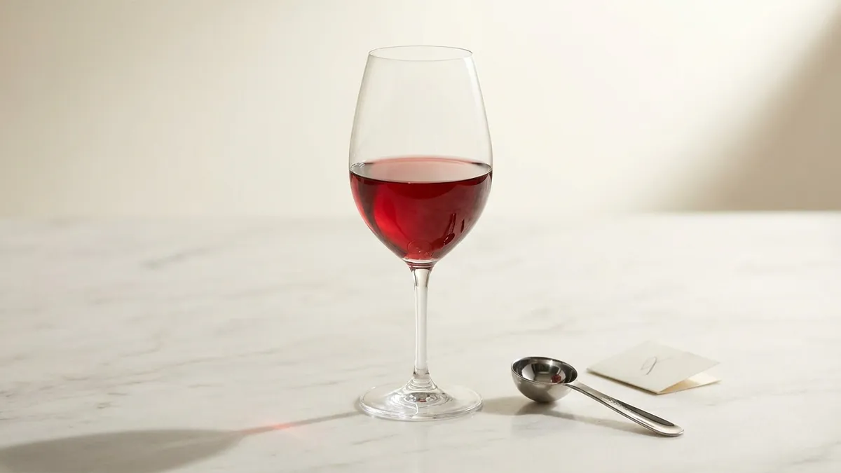 A wine glass with a marked 5oz fill line beside a measuring jigger on a kitchen counter, illustrating how to pour a standard drink at home
