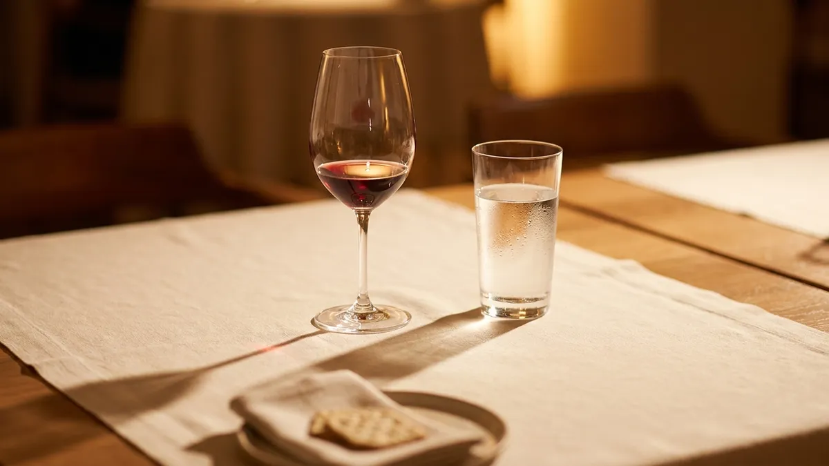 A single glass of red wine alongside a tall glass of water on a wooden dinner table in soft warm light, suggesting moderate, mindful wine drinking