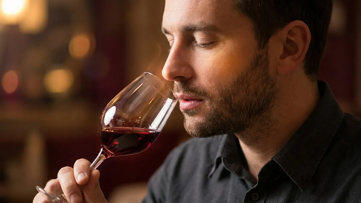 A sommelier drawing air across a sip of wine in the mouth with eyes closed, focusing on flavor perception