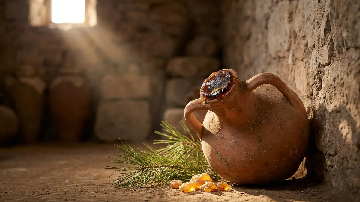 A clay amphora resting in a stone storeroom beside pine branches and small lumps of golden resin, its mouth sealed with resin