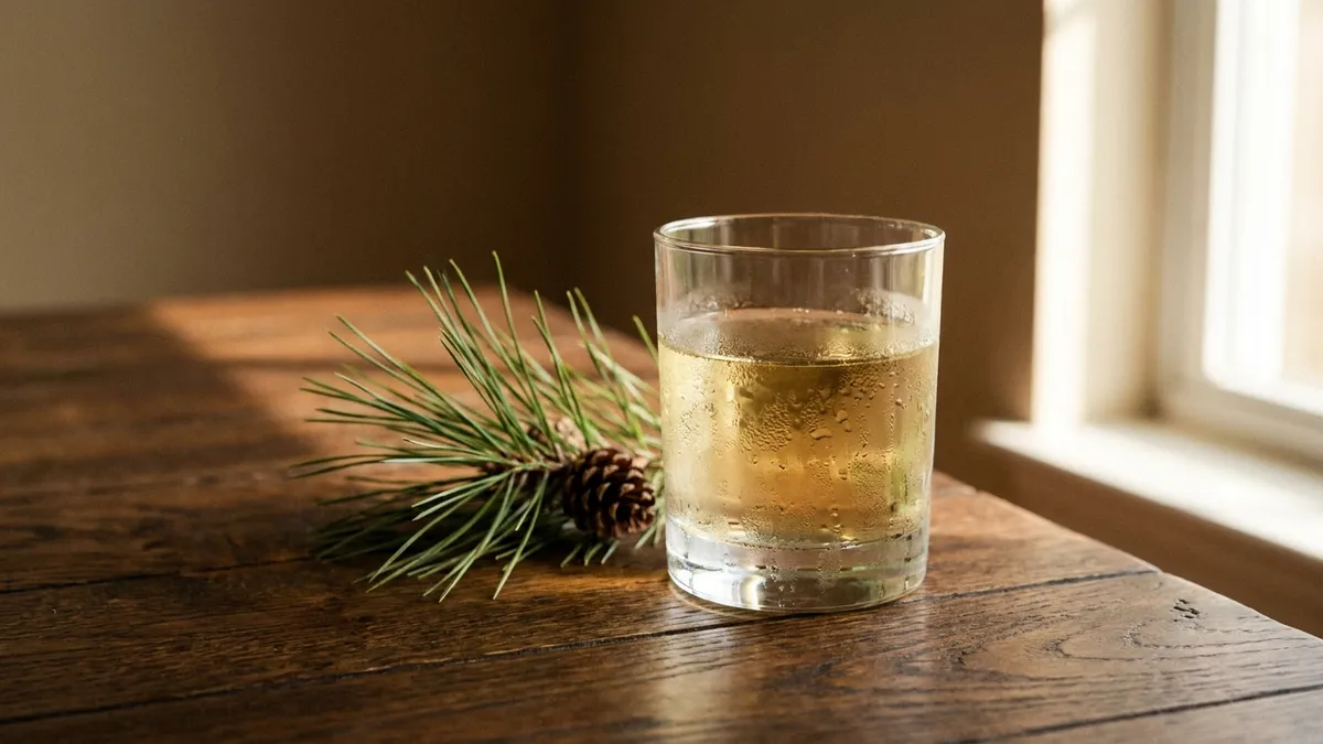 A cold tumbler of pale gold retsina beaded with condensation beside a pine sprig and a pinecone on a dark oak table