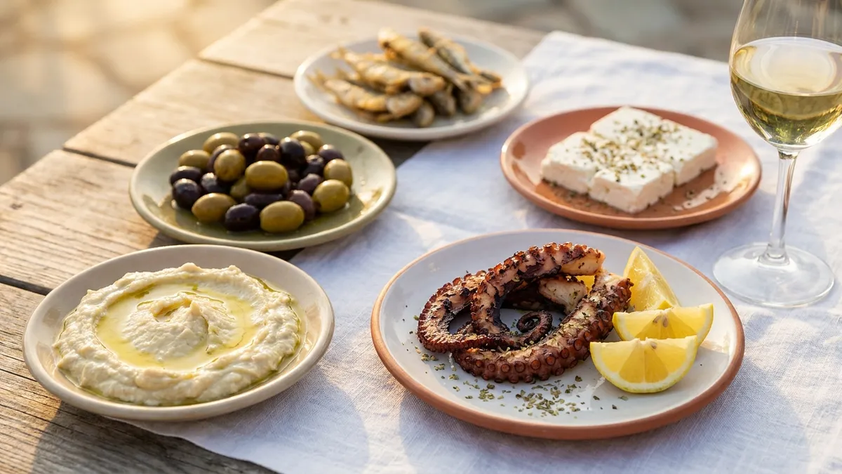 A rustic table of Greek meze with olives, a bowl of garlic dip, grilled octopus and fried fish in warm light