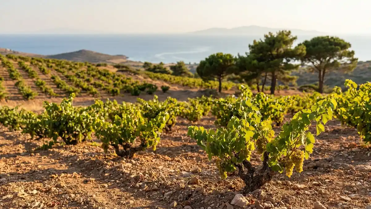 Sunlit rows of low bush vines on a dry Greek hillside with the Aegean Sea glinting in the distance