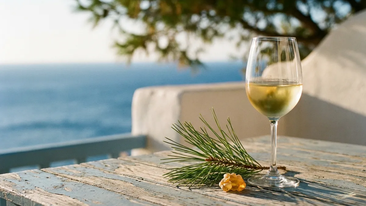 A glass of pale gold retsina on a weathered wooden table beside a small sprig of pine, lit by warm Aegean afternoon sun