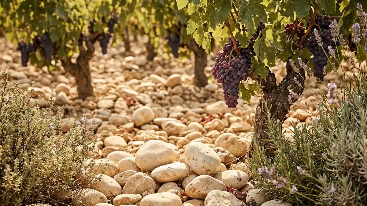 Sun-baked Southern Rhône vineyard covered in large smooth galets stones with low-trained Grenache vines and wild herbs