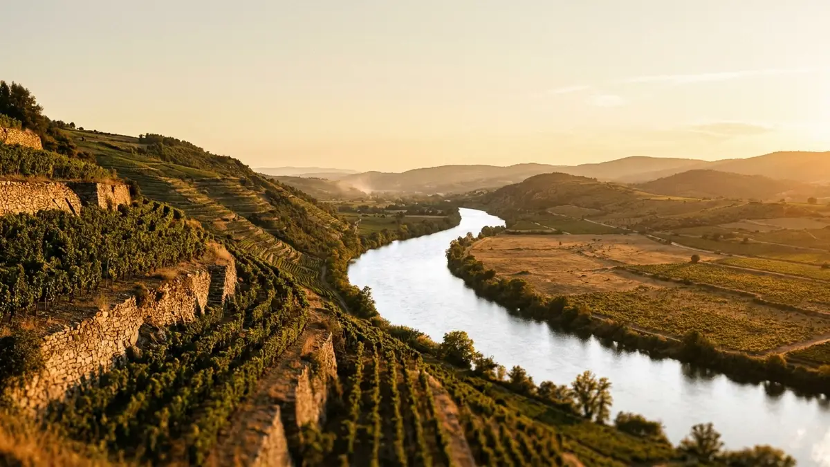 Sweeping view of the Rhône river winding between steep terraced granite vineyards and open stony plains under golden light