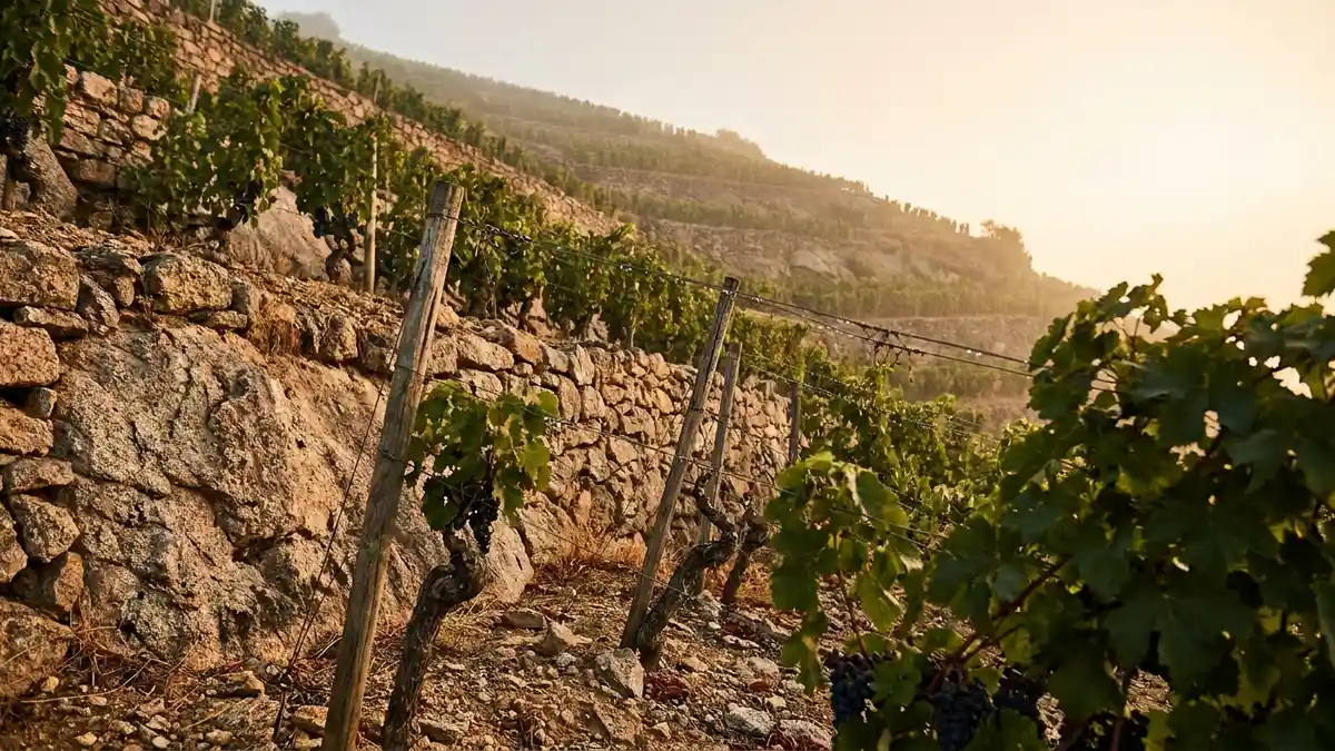 Steep terraced granite hillside of the Northern Rhône with neat rows of Syrah vines climbing toward the sky