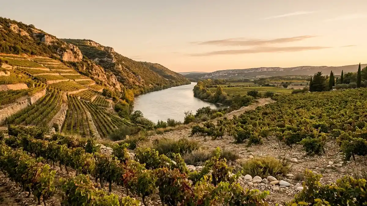 Sweeping Rhône Valley vineyard view with the river below, steep terraced slopes on one side and stony flat plains on the other at golden hour