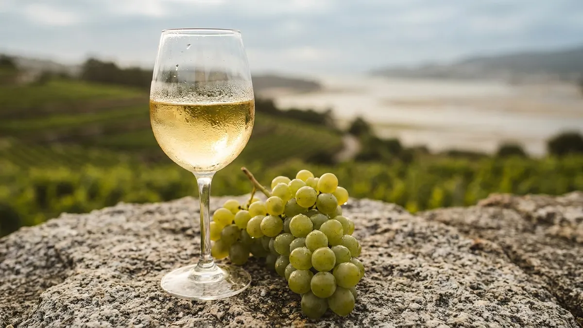 Close-up of a glass of pale gold Albariño beside a cluster of green grapes on a granite ledge near the Atlantic coast