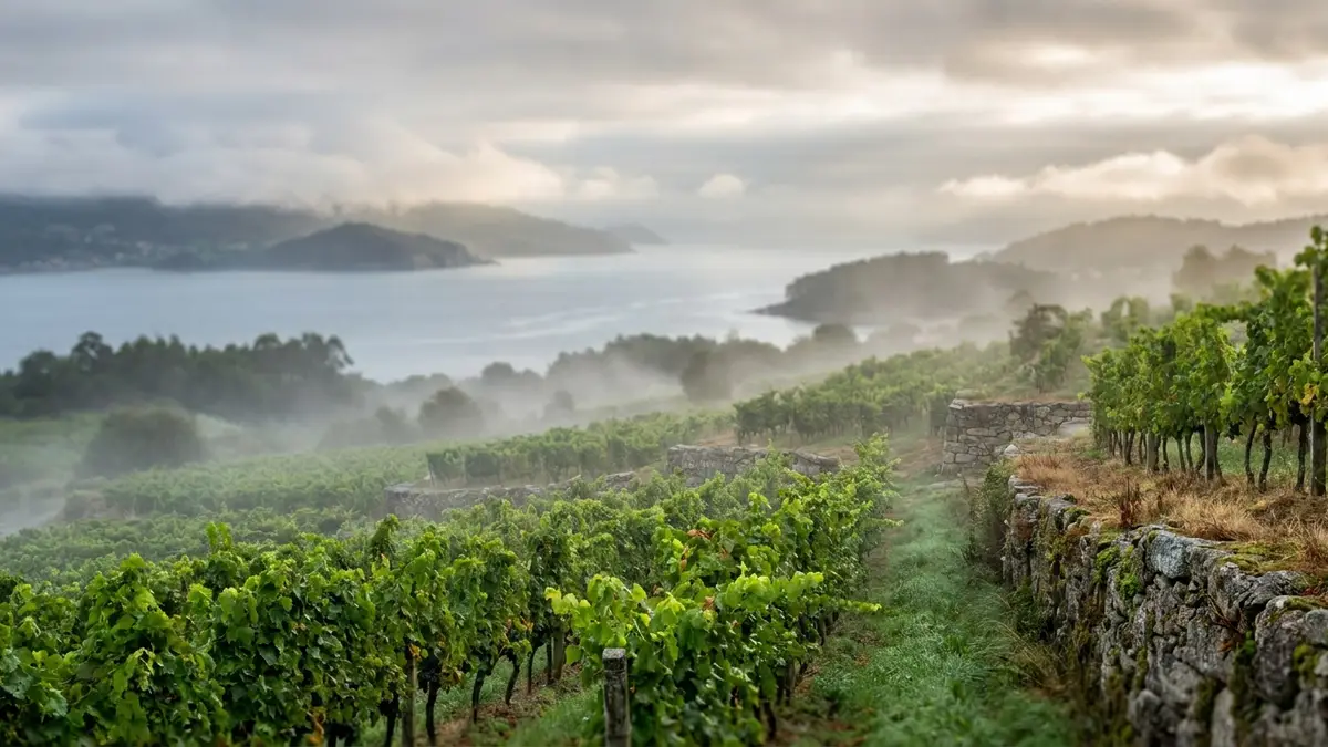 Misty green Atlantic vineyards of Rías Baixas descending toward a coastal estuary in Galicia under soft overcast light