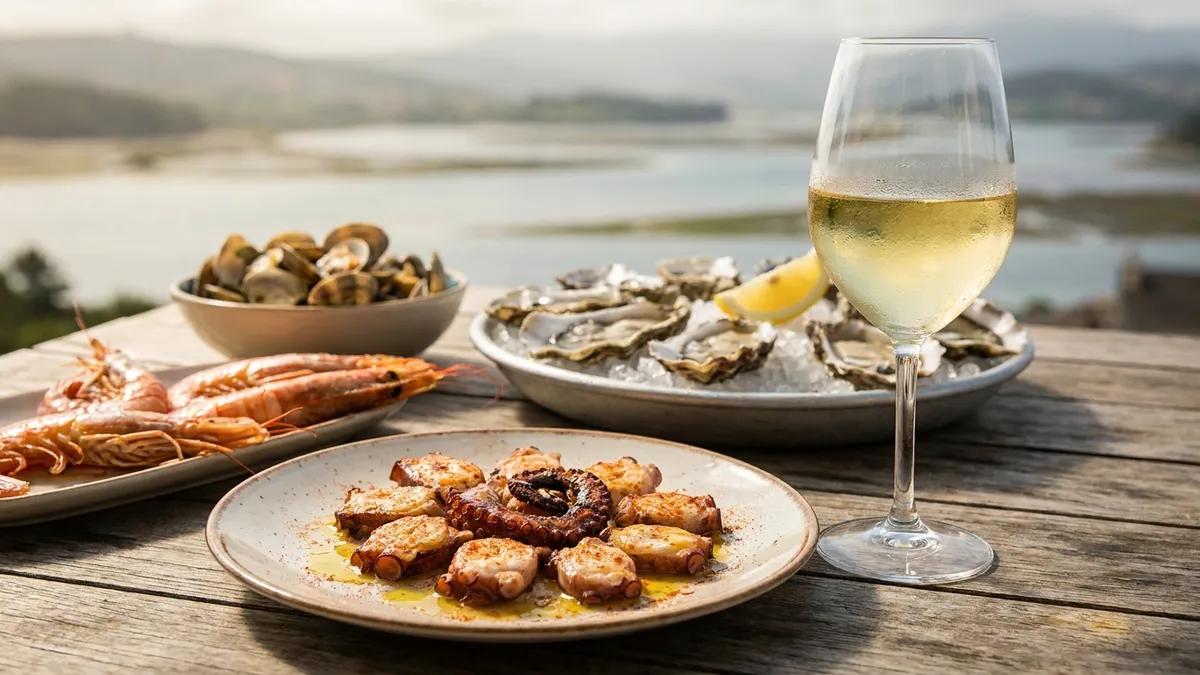 Plate of fresh oysters, clams, and grilled octopus beside a chilled glass of Albariño on a rustic coastal table