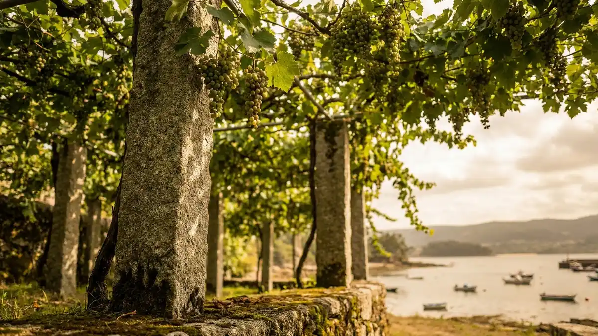 Traditional granite-post pergola vineyard in Rías Baixas with vines trained overhead and an Atlantic inlet visible beyond