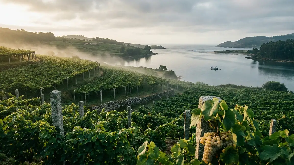 Green Atlantic vineyard in Rías Baixas trained on granite pergolas above a coastal inlet under soft misty light