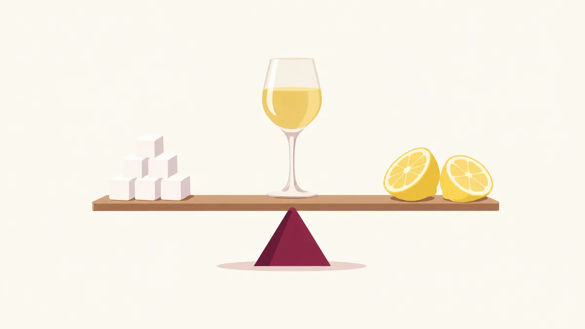 A level see-saw with sugar cubes on one end and halved lemons on the other, a glass of pale white wine at the pivot