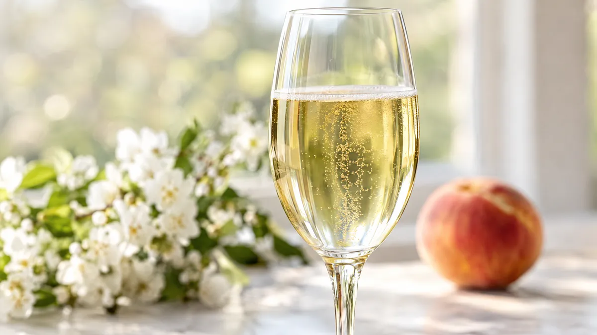 A close-up of a glass of pale gold Moscato d'Asti with fine bubbles rising gently