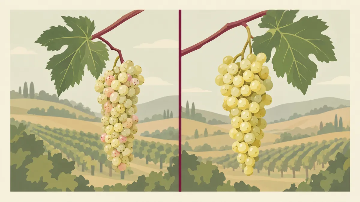 Two white grape clusters side by side, a compact freckled Riesling bunch with a few pink-blushed berries on the left and a Moscato Bianco bunch of round yellow-green berries on the right