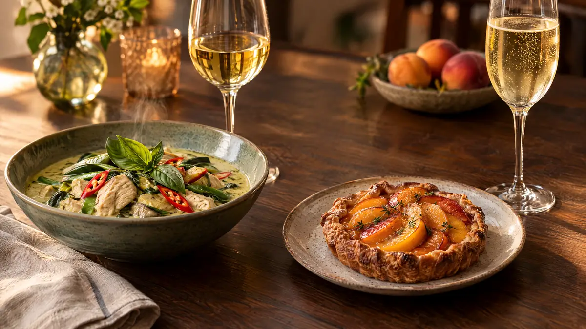 A bowl of Thai green curry with chilli beside a glass of still white wine, and a peach tart beside a glass of lightly fizzy wine