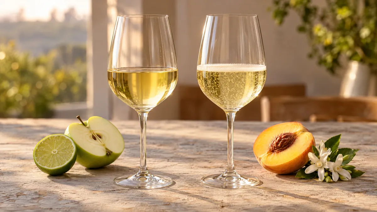 Two glasses of white wine side by side, a still pale-gold Riesling with lime and green apple and a lightly fizzy Moscato with peach and orange blossom
