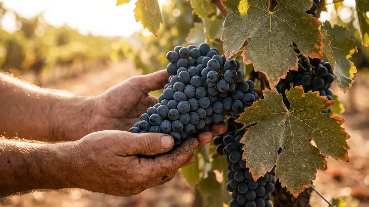 Hands cradling a cluster of dark Tempranillo grapes on the vine in a sunlit Rioja vineyard, dusty green leaves framing the fruit
