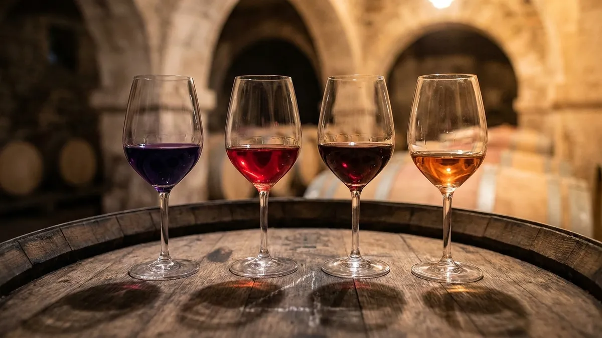 A row of four red wine glasses on an oak barrel showing color from deep purple young Rioja to pale brick-edged Gran Reserva
