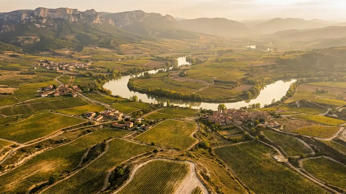 Aerial view of the Ebro River valley winding through Rioja vineyards with the Sierra de Cantabria mountains under a warm sky
