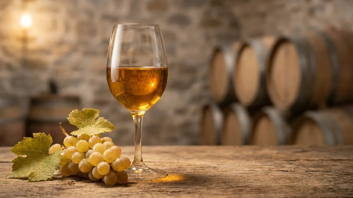 A glass of golden barrel-aged white Rioja beside a bunch of pale Viura grapes on a rustic wooden table in soft cellar light