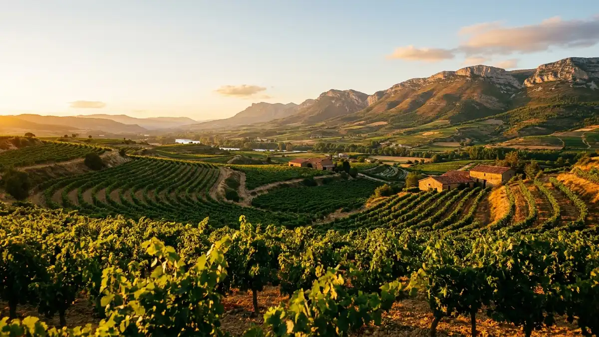 Rolling Tempranillo vineyards in Rioja Alta at golden hour with the Sierra de Cantabria mountains rising behind neat green rows