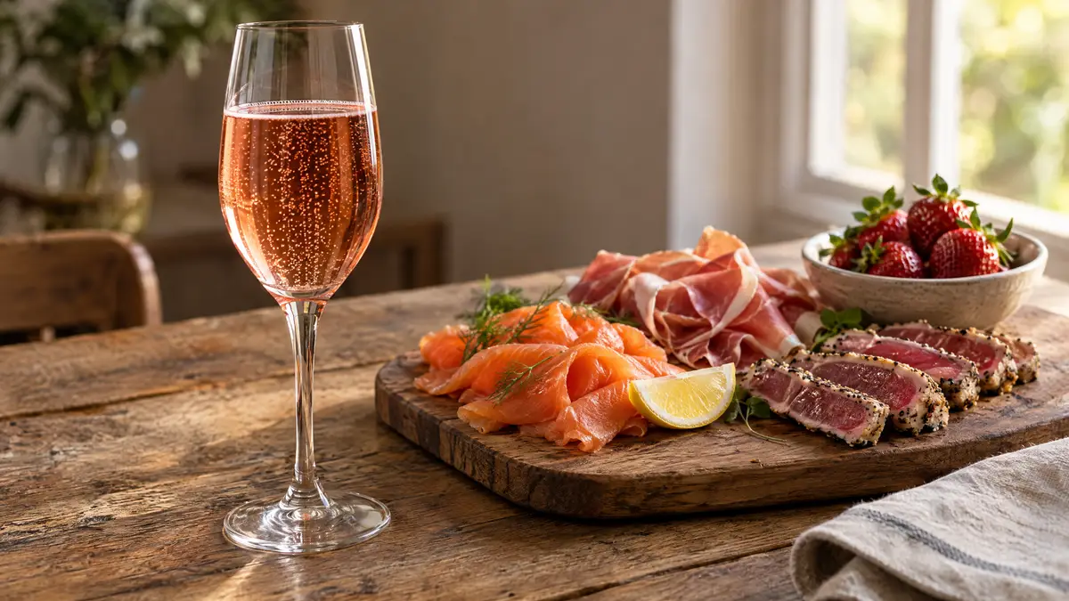 A glass of salmon-pink sparkling wine beside smoked salmon, cured ham, seared tuna and a bowl of fresh strawberries on an oak table