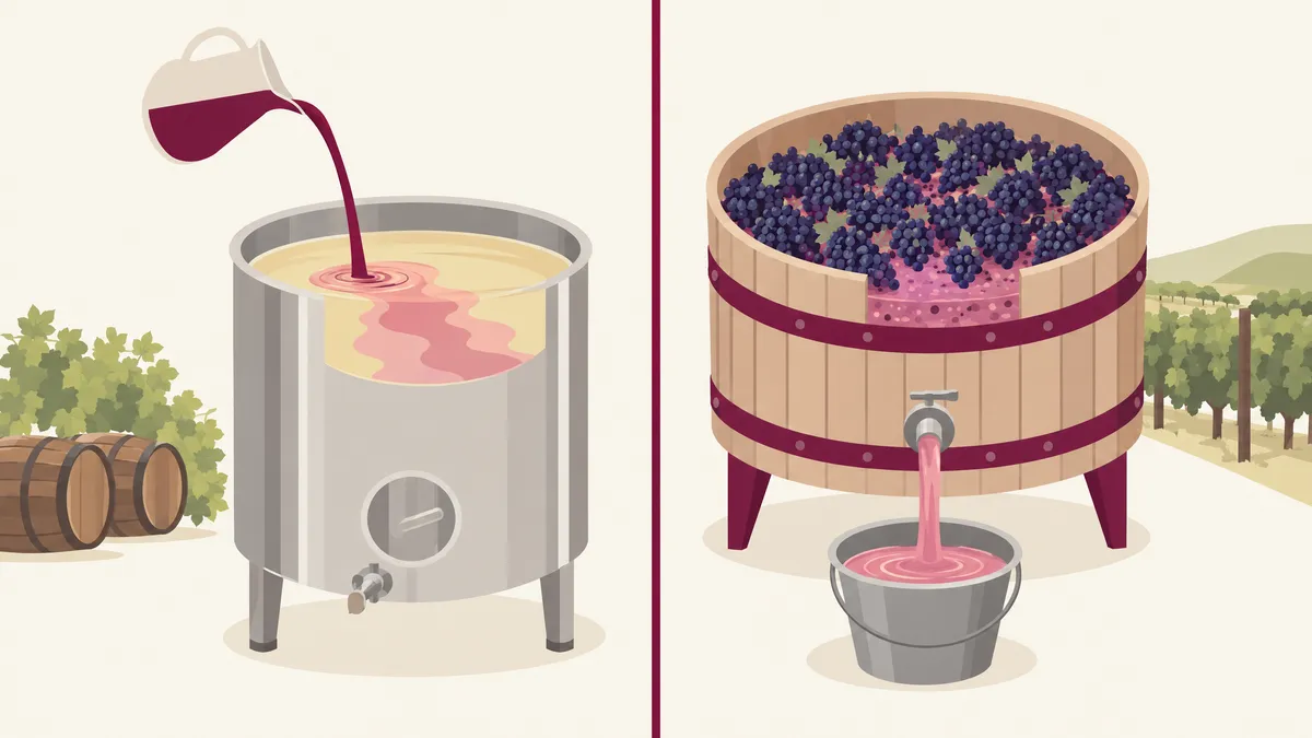 Illustration of two ways to make pink sparkling wine: red wine poured into pale base wine on the left, pink juice running off dark grapes in a vat on the right