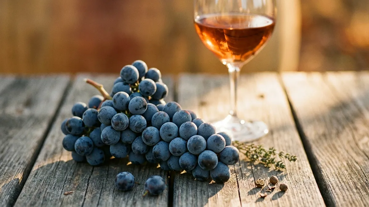 A cluster of dark Mourvèdre grapes beside a glass of savory deep-pink rosé on weathered wood