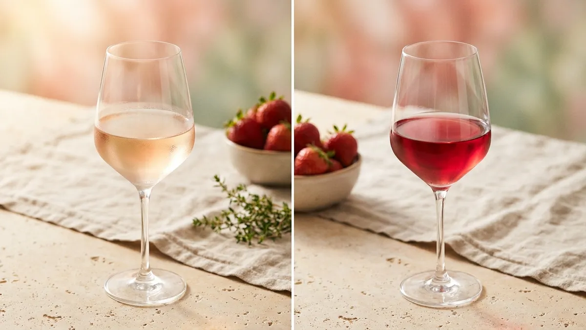 Side-by-side comparison of pale Provence-style rosé and a darker Tavel-style rosé in two glasses