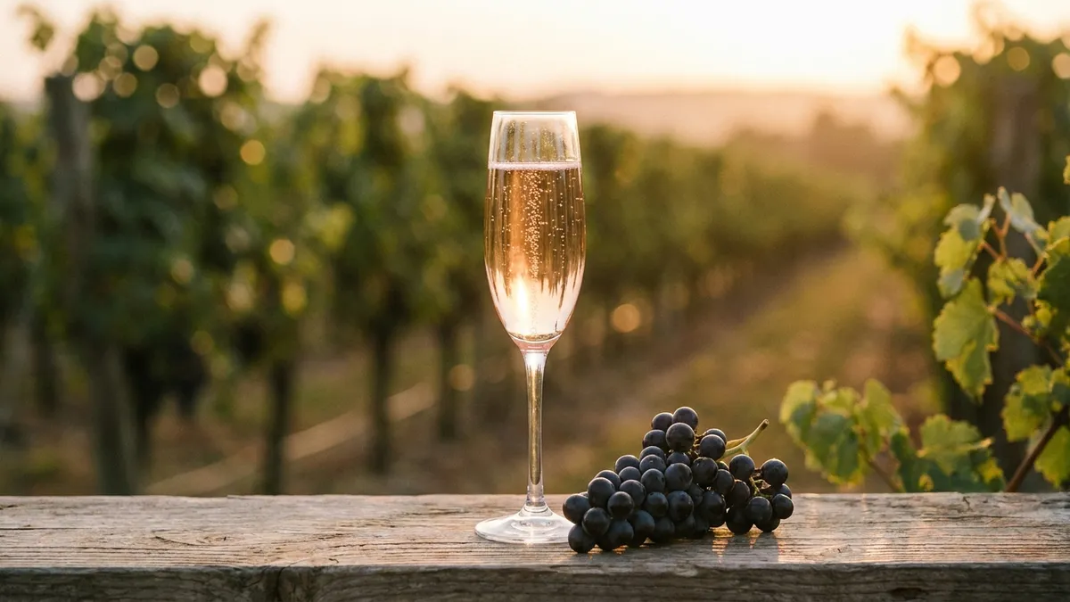 A flute of pale pink sparkling rosé beside red Pinot Noir grapes in a cool-climate vineyard at golden hour