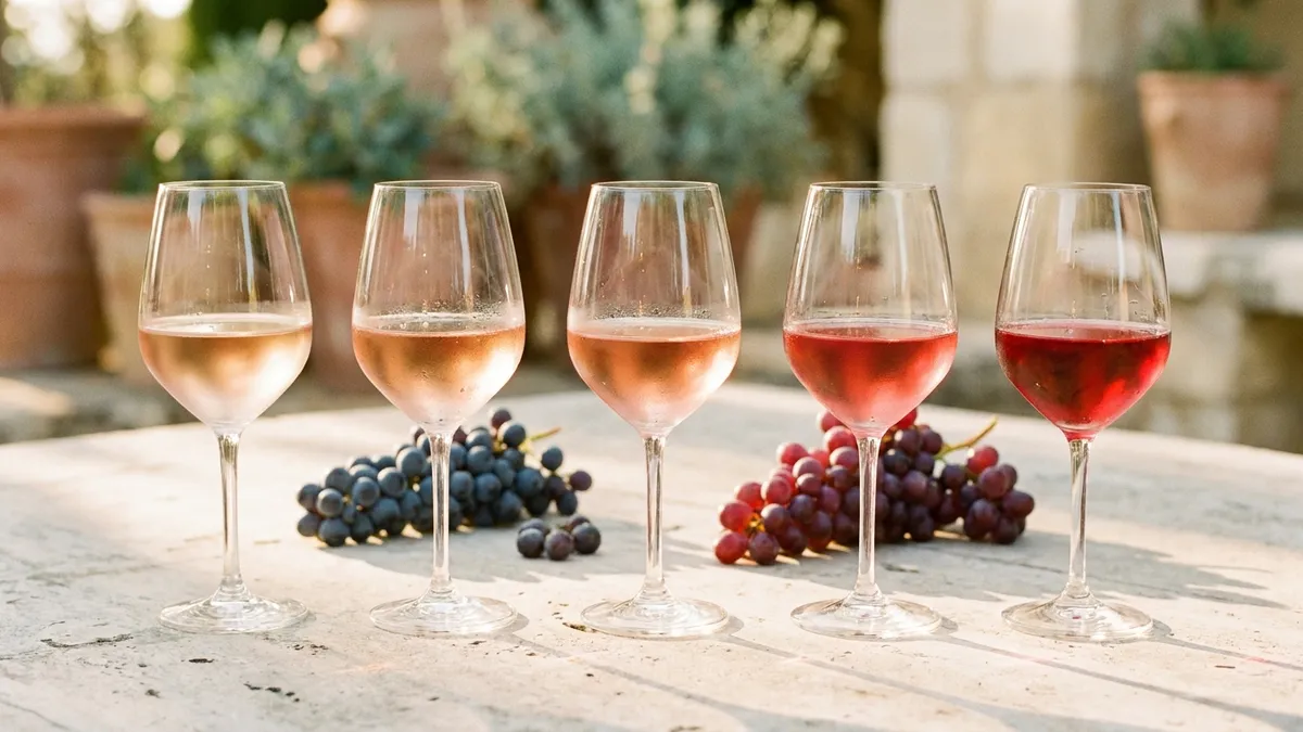 A row of glasses showing pale-salmon to deep-cherry rosé beside clusters of red grapes on a sunlit stone table