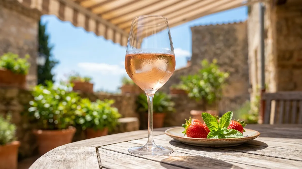 Glasses of pale pink and deeper salmon rosé wine on a sunlit table with fresh fruit