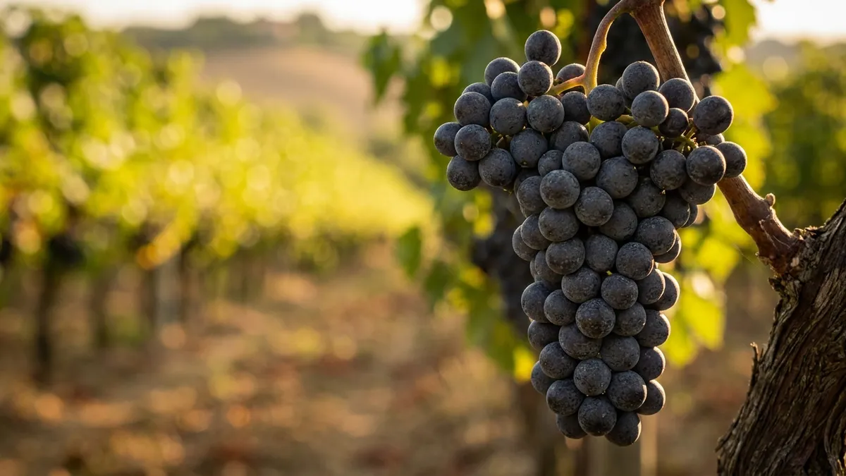 A cluster of small, thick-skinned, dark purple Sagrantino grapes on the vine in a sunlit Montefalco hillside vineyard