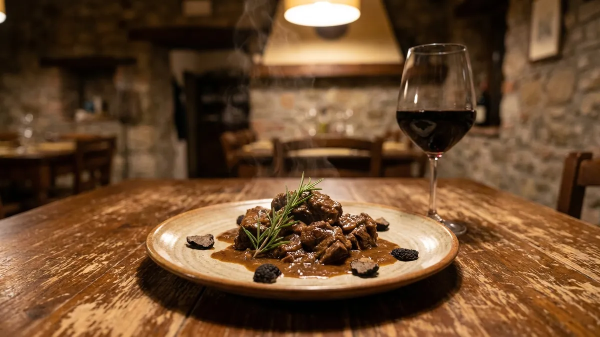 A platter of braised wild boar beside a glass of dark Sagrantino wine on a rustic Umbrian table