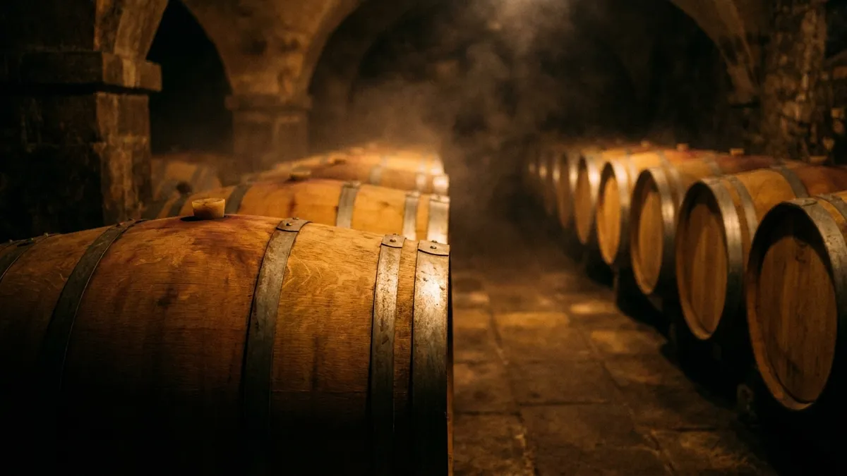 Rows of large oak casks aging Sagrantino wine in a dim Umbrian cellar with warm light