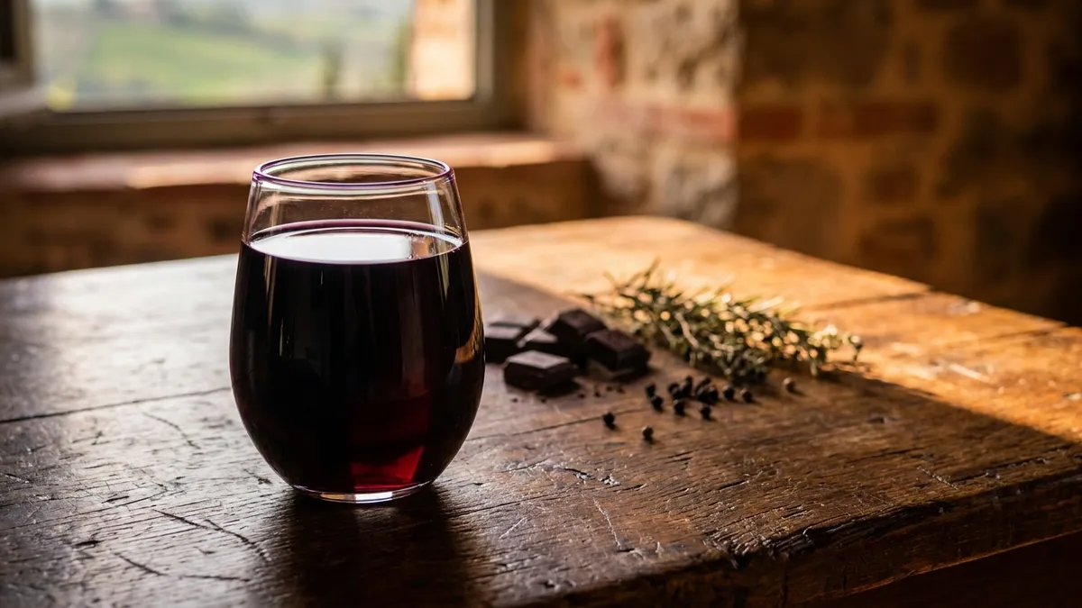 A glass of inky purple-black Sagrantino wine on a rustic wooden table in Umbria with dark chocolate and dried herbs in soft focus behind