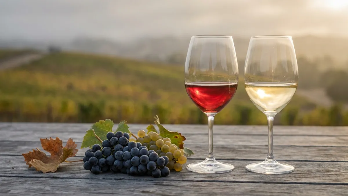 Pale ruby cool-climate Pinot Noir beside a pale gold Chardonnay on a weathered table, fog-draped Sta. Rita Hills vineyard behind