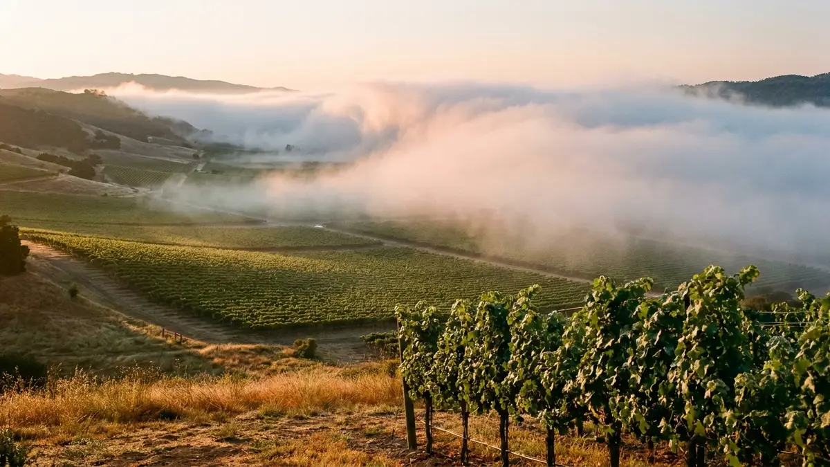 Coastal fog rolling east through a wide Santa Barbara County valley at dawn, vineyard rows in the foreground catching first light