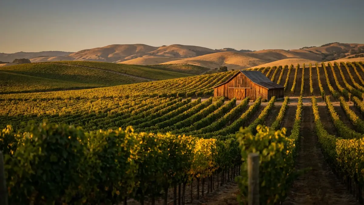 Vineyard rows in Santa Barbara wine country with a rustic tasting barn in the distance, warm afternoon light over rolling hills