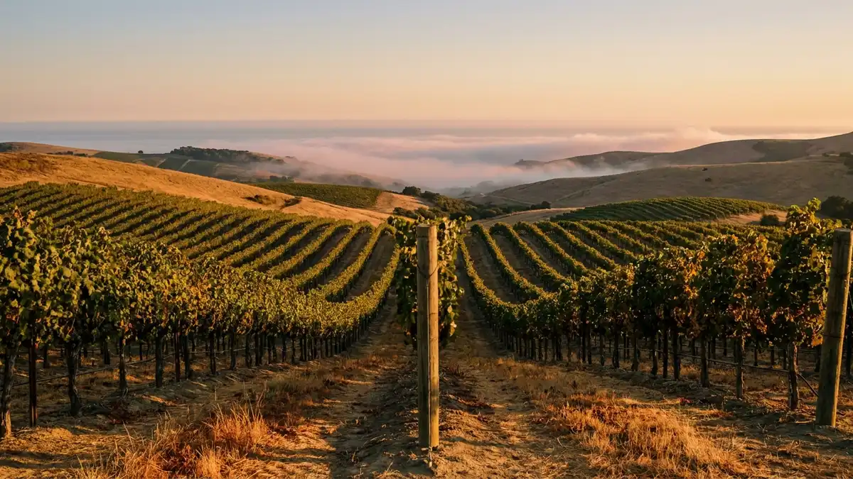 Rolling Sta. Rita Hills vineyard rows in Santa Barbara County at golden hour, low coastal fog drifting between the vines toward distant hills