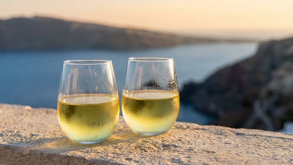 Two glasses of pale lemon-gold Assyrtiko white wine on a stone ledge above the Santorini caldera at sunset