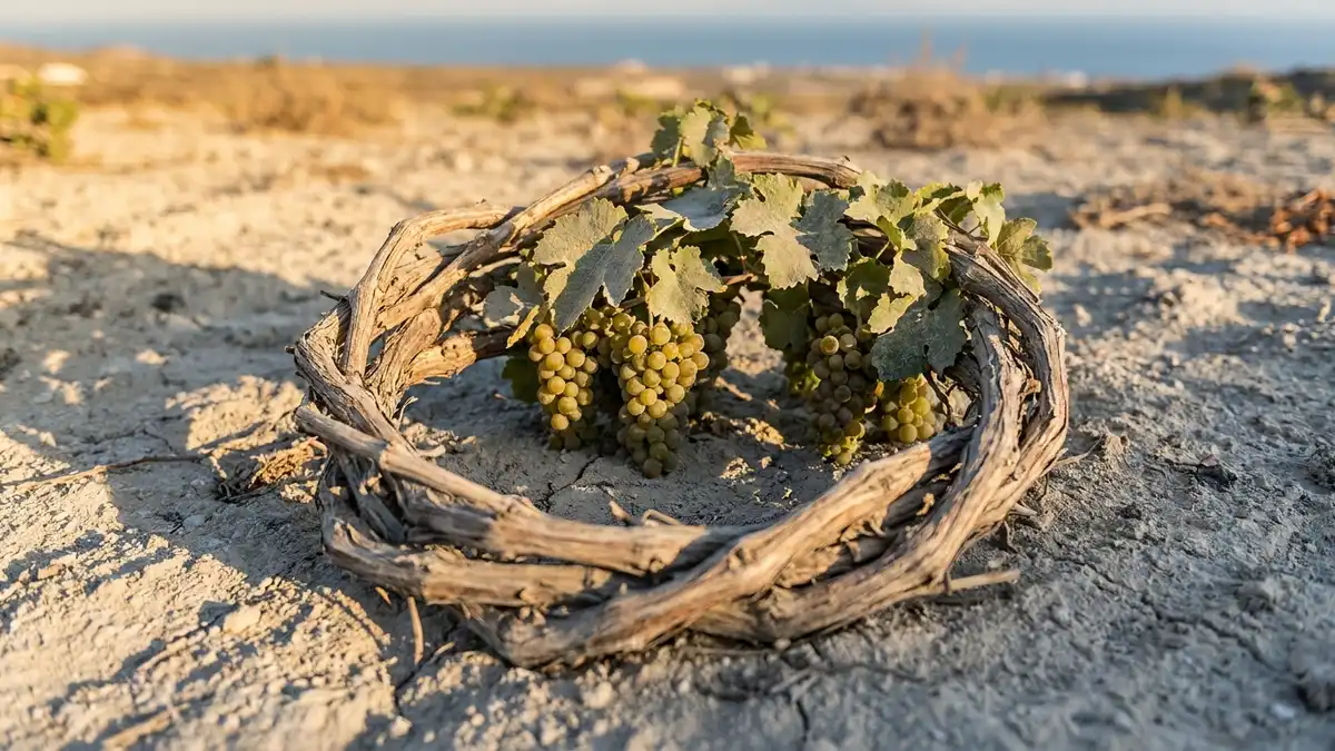 Close-up of a low basket-trained kouloura vine coiled on pale Santorini volcanic ash soil with green grape clusters inside the woven ring