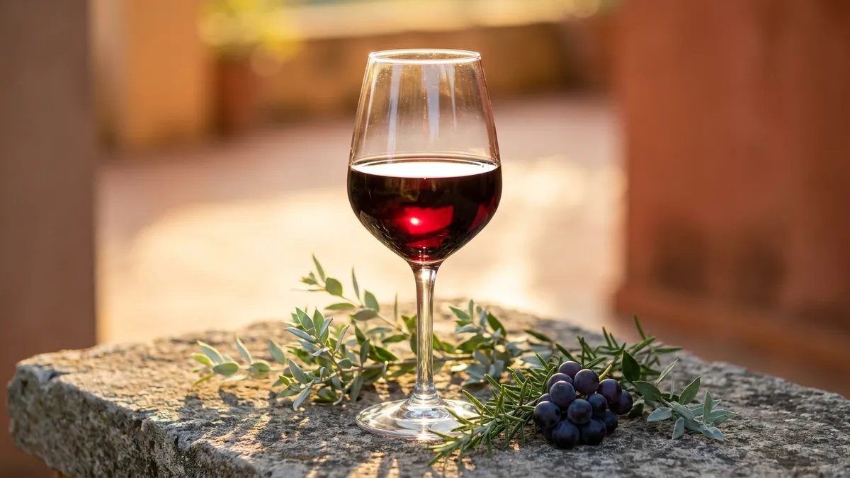 A glass of deep garnet Cannonau red wine on a rustic stone table beside sprigs of wild Mediterranean myrtle and rosemary