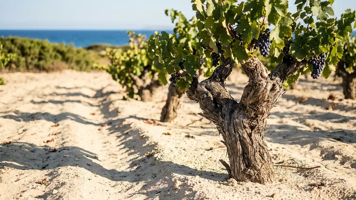 Gnarled old bush vines growing low to sandy southern Sardinian soil under bright Mediterranean sun, with the sea on the horizon