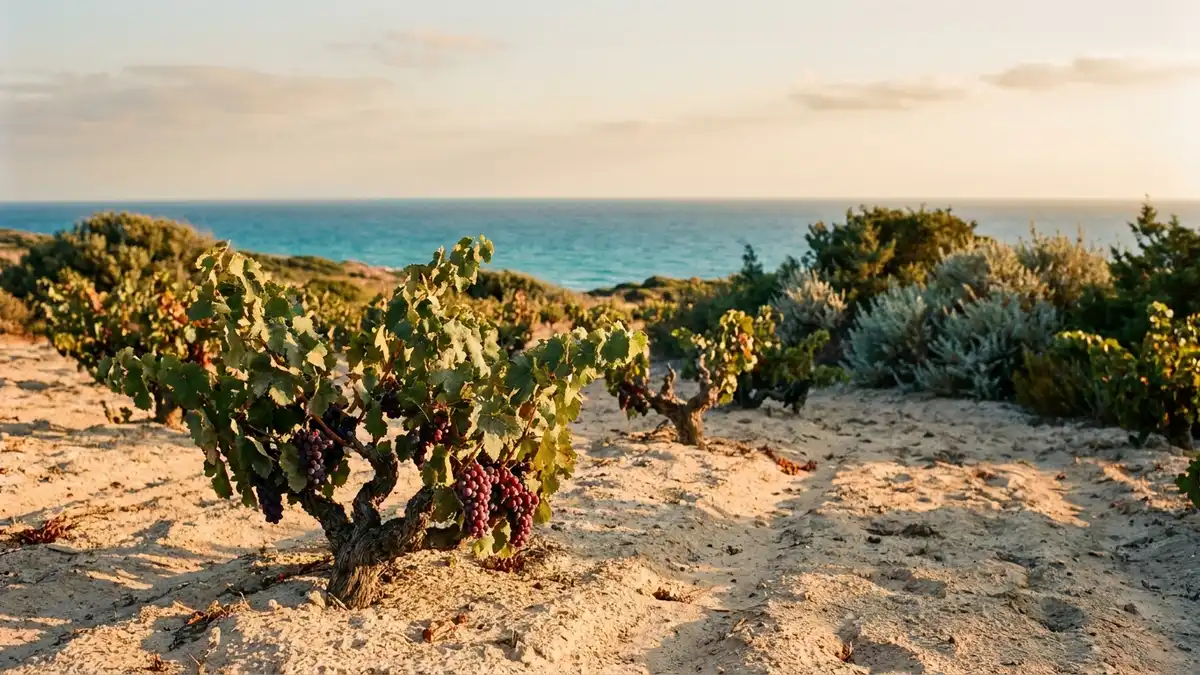 Sun-baked Sardinian vineyard with low bush vines on sandy soil, the blue Mediterranean shimmering in the distance