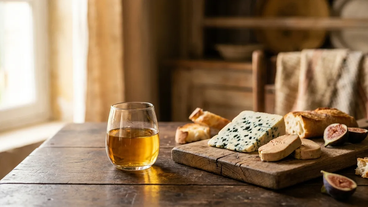 A small glass of golden Sauternes beside a wedge of blue cheese and slices of foie gras on a rustic board in warm light
